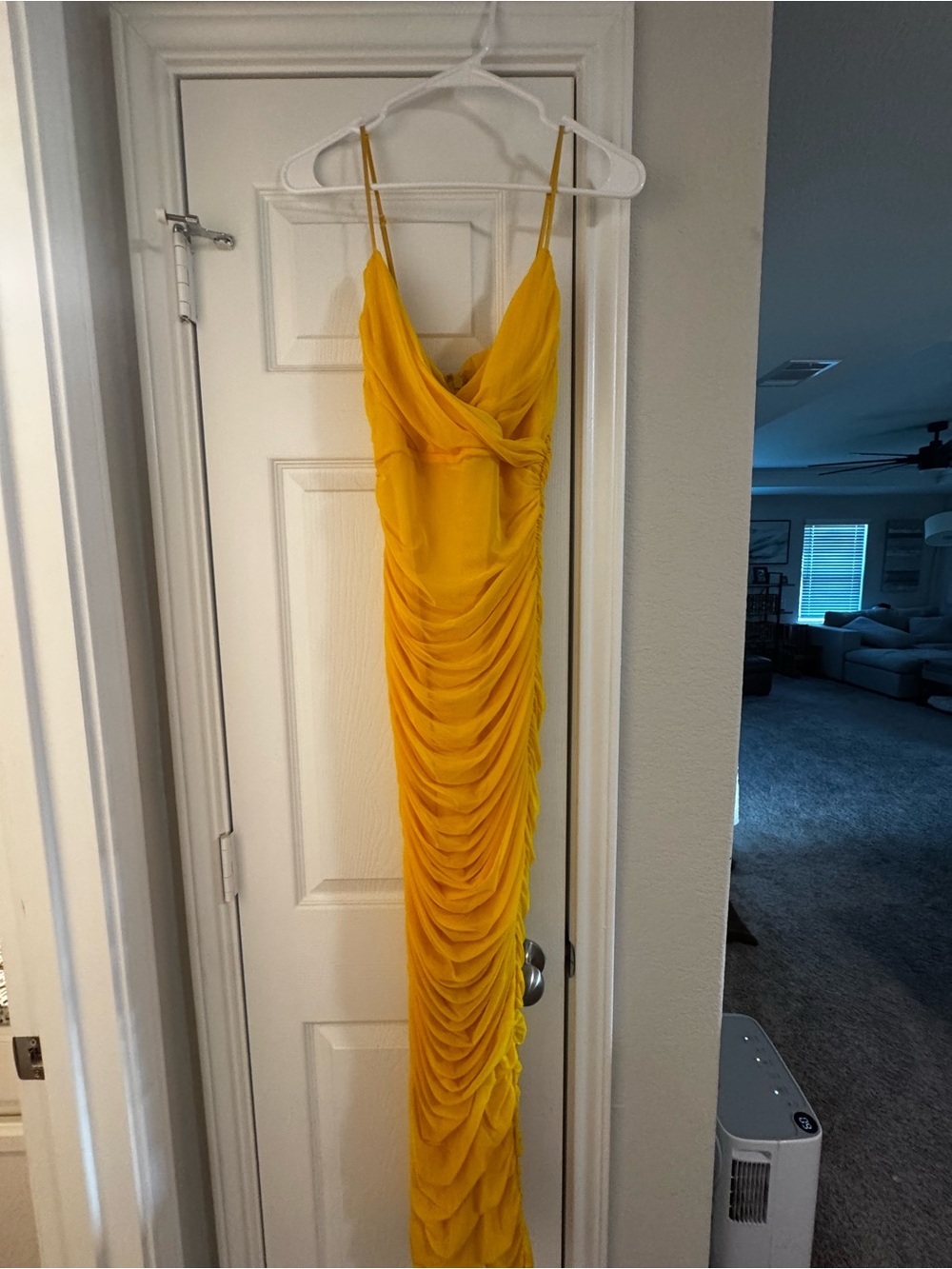 House of CB Yellow Ruched Spaghetti-Strap Maxi Dress